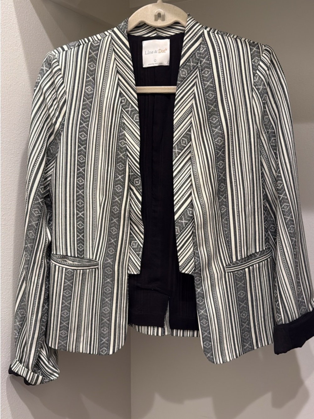 Line & Dot Black and White Striped Open-Front Blazer